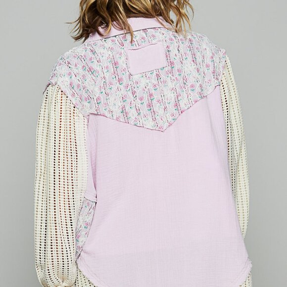 P7239 POL  Lavender jacket, balloon sleeve, relaxed fit top in twill with lace - Picture 4 of 5